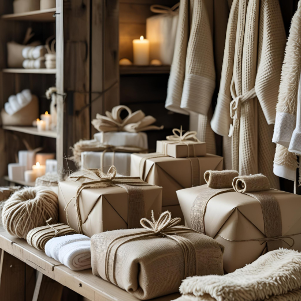 Decorative gifts wrapped in beige paper with ribbons on a wooden table, surrounded by towels, candles, and robes in a cozy, warmly lit room