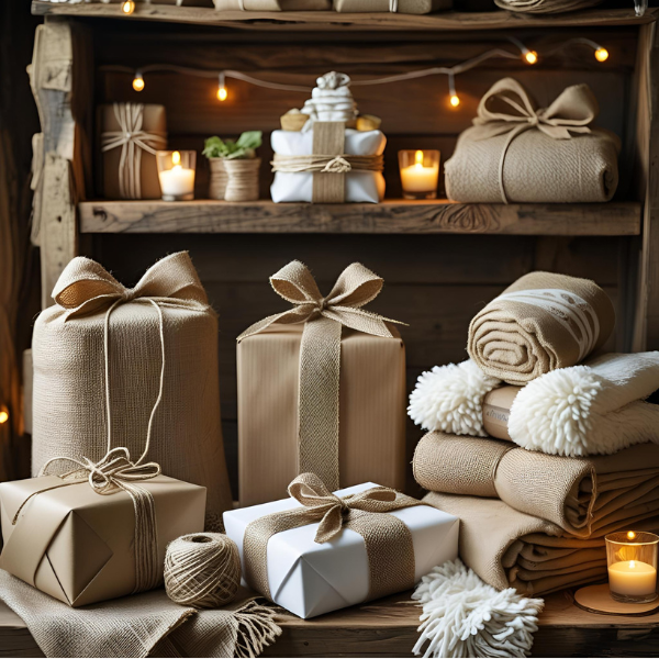 Decorative shelf with wrapped gifts, candles, and cozy textiles in neutral tones.