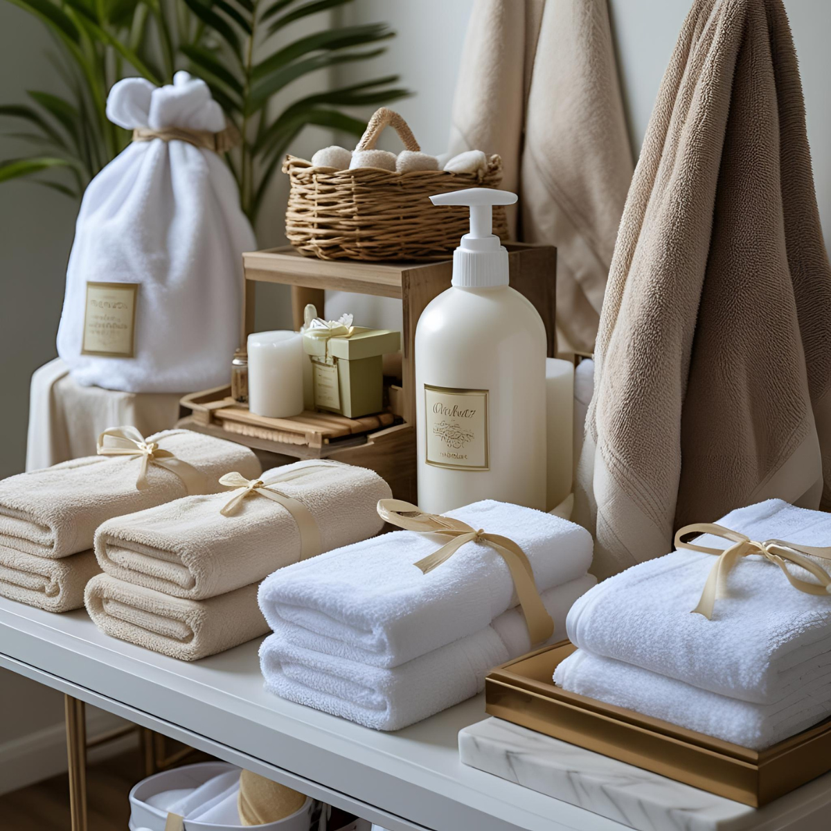 Luxurious bathroom display with stacked white and beige towels tied with cream ribbons, candles, a pump bottle, brown and beige towels, a wicker basket with rolled towels, and a small plant in the background.