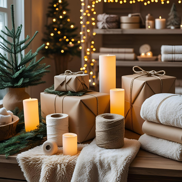 Christmas decorations with wrapped gifts, candles, and holiday decor, including a small Christmas tree, in a cozy, festively decorated room.