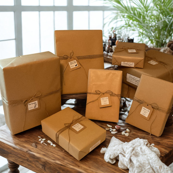Several wrapped gifts in brown paper and tied with string, arranged on a wooden table, with a plant in the background.