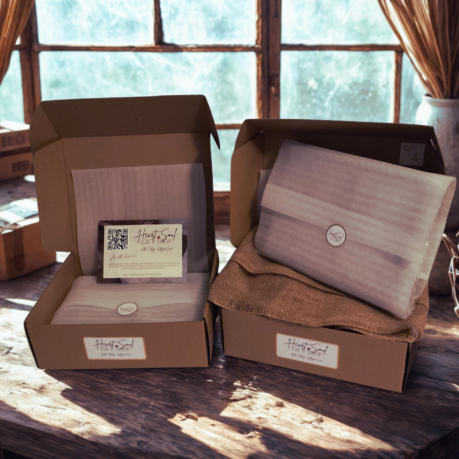 Two open cardboard gift boxes containing wrapped items, with business cards and a business name sticker that reads 'Heart & Soul Gift Shop' on a wooden table near a window with curtains.