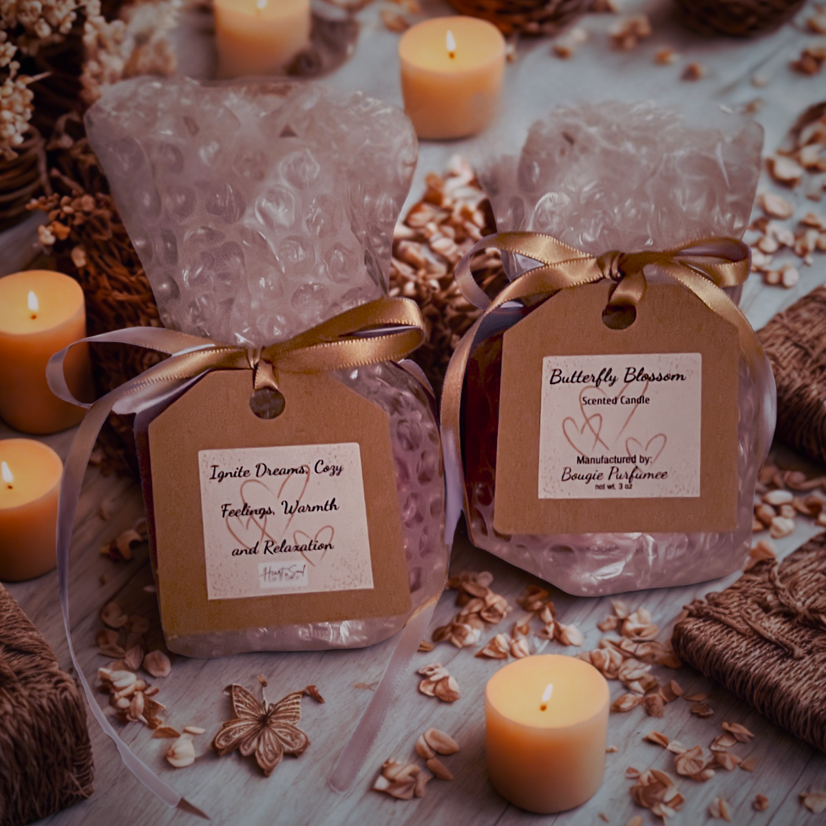 Two scented candles wrapped in textured pink plastic with brown tags and ribbons, surrounded by small candles, dried flower petals, and decorative butterflies on a wooden surface.