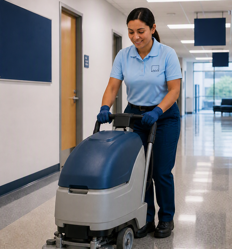 A woman in a light blue uniform and gloves is operating a floor cleaning machine in a hallway, smiling as she cleans.