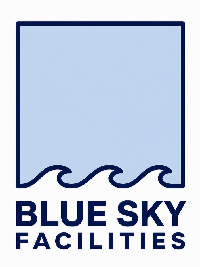 Logo for Blue Sky Facilities with a square and wave design at the bottom, and the company name in bold text below.