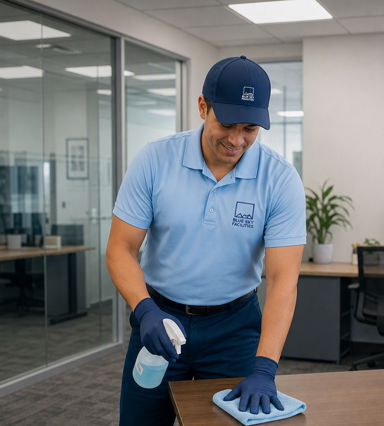 A male employee in a blue uniform and cap cleaning a wooden table with a spray bottle and a blue cloth in an office environment.