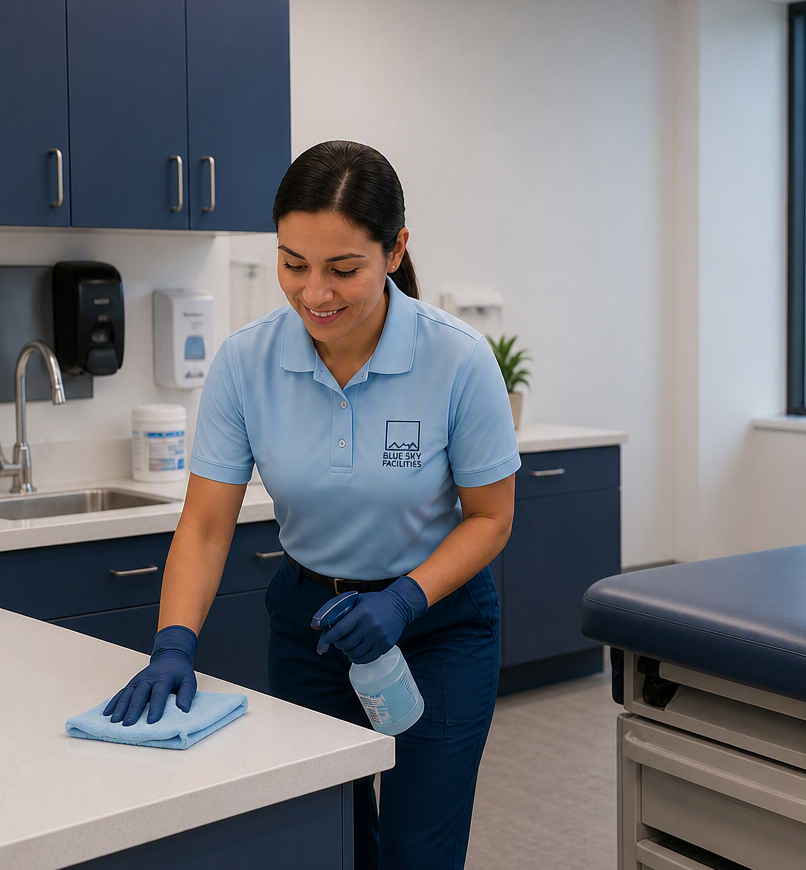 A woman wearing a light blue uniform and gloves cleaning a counter with a spray bottle and cloth inside a medical or cleaning facility.