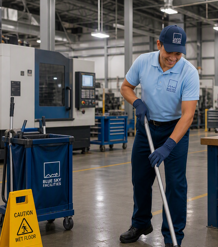 A worker cleaning the factory floor in an industrial setting with equipment and tools around, wearing a blue uniform and cap with the "Blue Sky Facilities" logo.