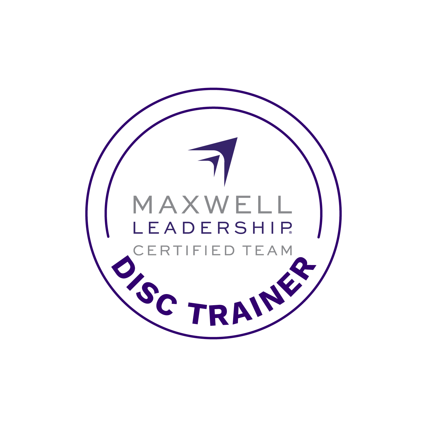 "Maxwell Leadership Certified Team DISC Trainer" logo with a stylized arrow design and circle border.