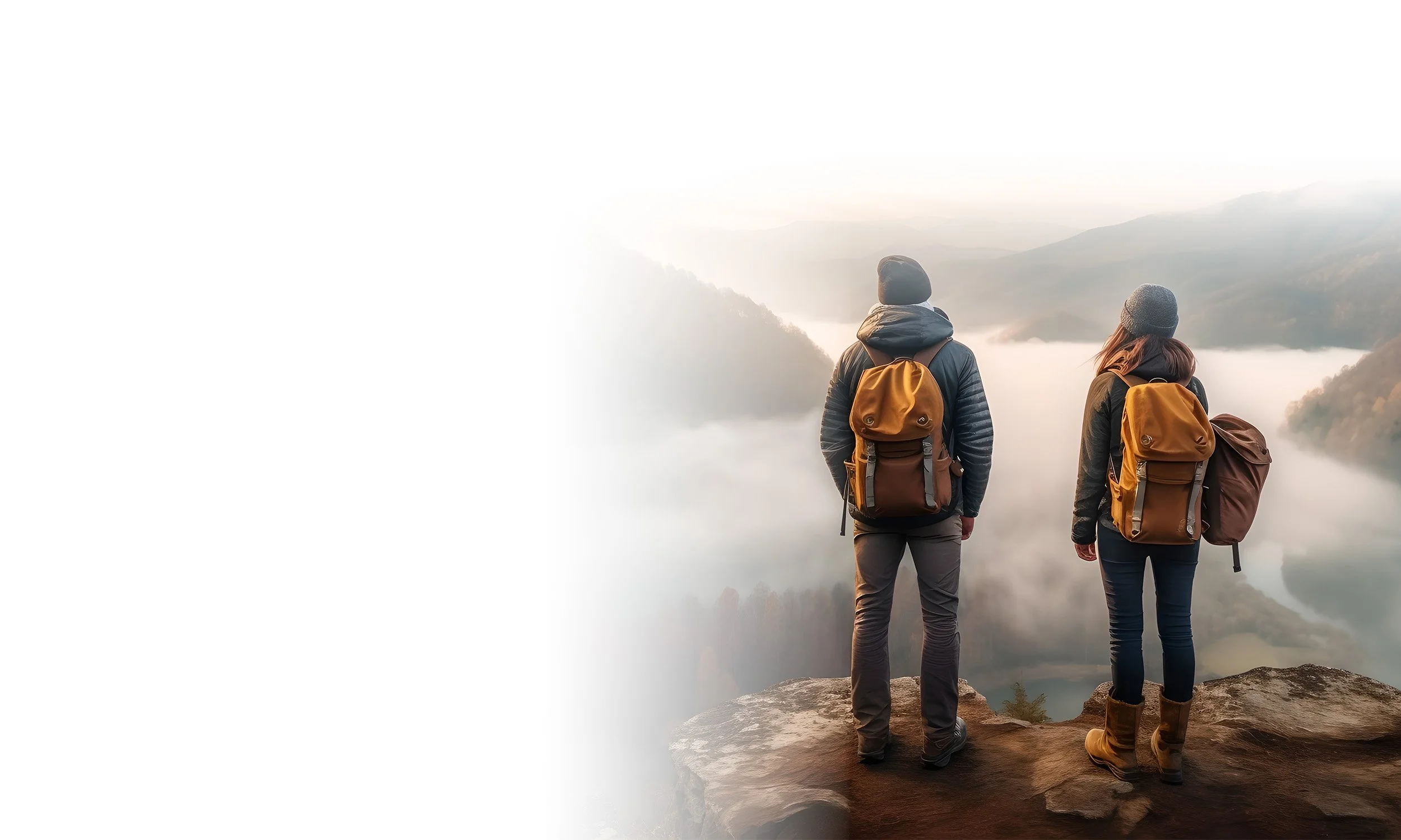 Two hikers with backpacks standing on a mountain ledge overlooking a foggy valley and distant mountains at sunrise.