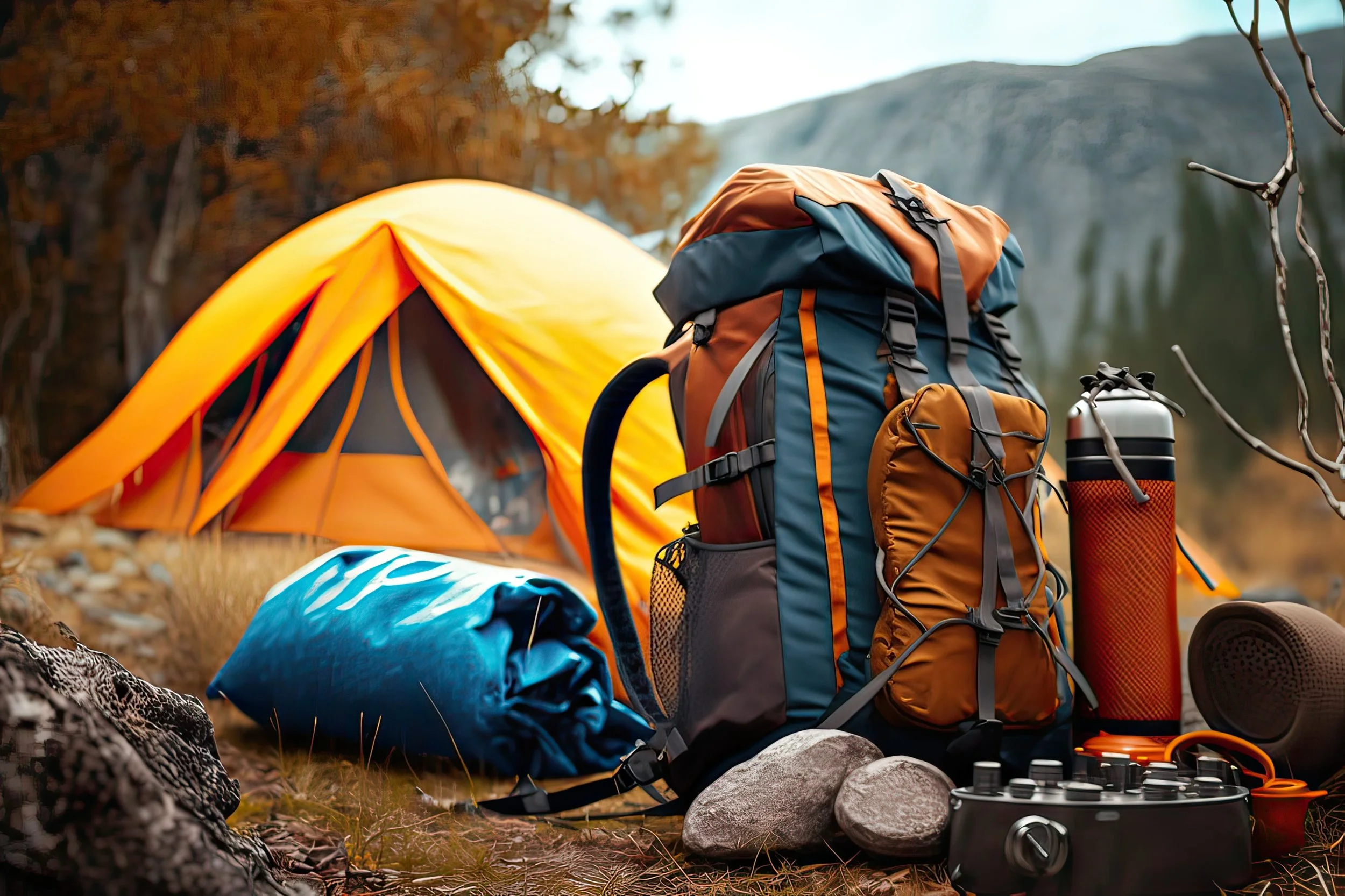 Camping gear including an orange tent, a large backpack, a rolled-up sleeping bag, water bottles, rocks, and other equipment outdoors in a natural setting.
