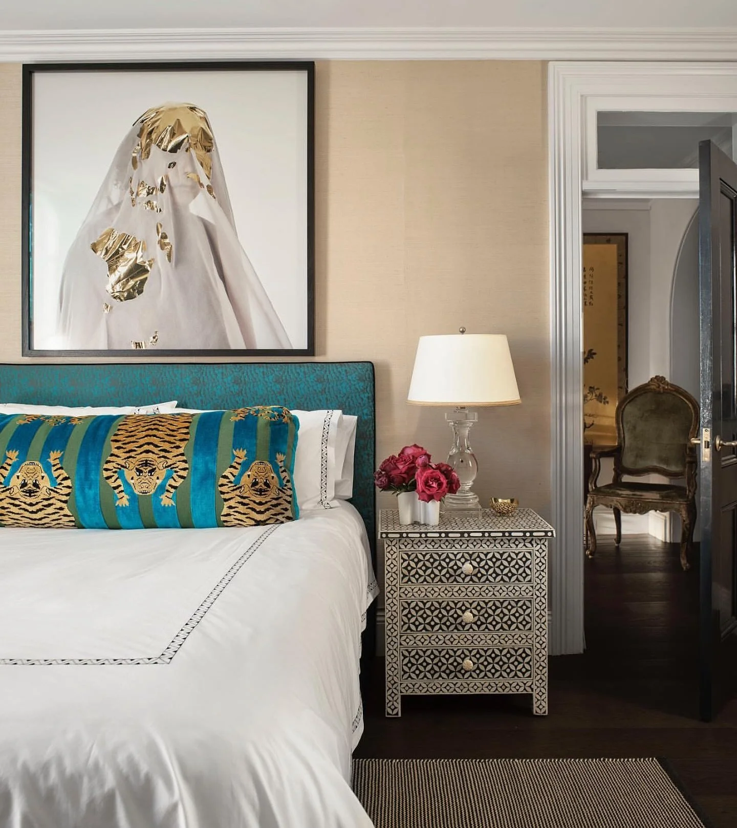 A vibrant pop against layered neutrals brings this bedroom to life.

Becky Yager for Thomas Hamel &amp; Associates 

#luxuryinteriors #interiordesign #designinspo #bedroomdesign #quietluxury