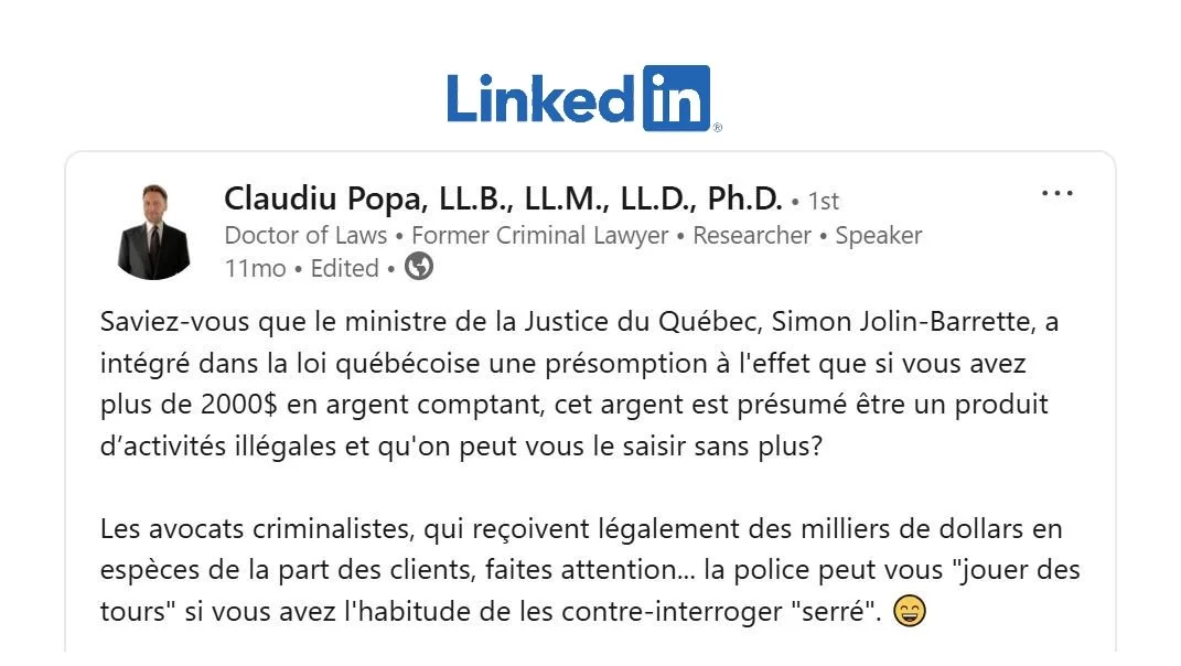 Simon Jolin-Barrette et la présomption à l’effet que détenir 2000$ ou plus proviendrait automatiquement du produit de la criminalité