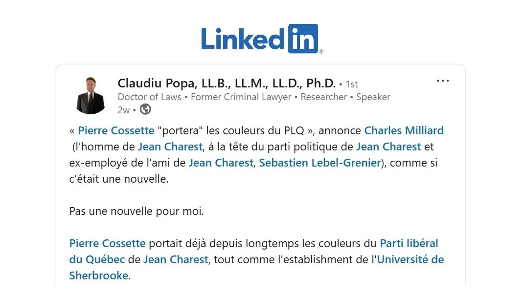Pierre Cossette, ex-recteur de l’Université de Sherbrooke (2017-2025), candidat du Parti Libéral du Québec en 2026