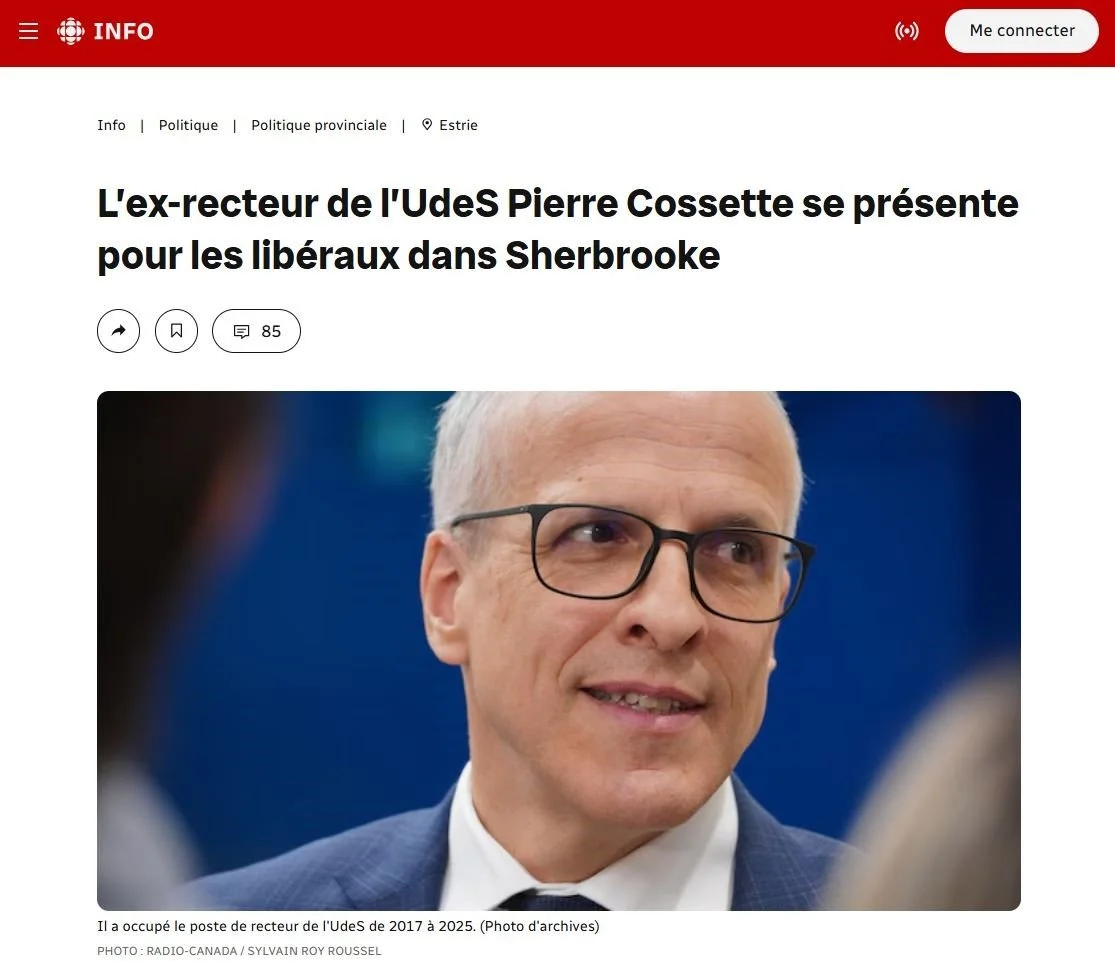 Pierre Cossette, ex-recteur de l’Université de Sherbrooke (2017-2025), candidat du Parti Libéral du Québec en 2026