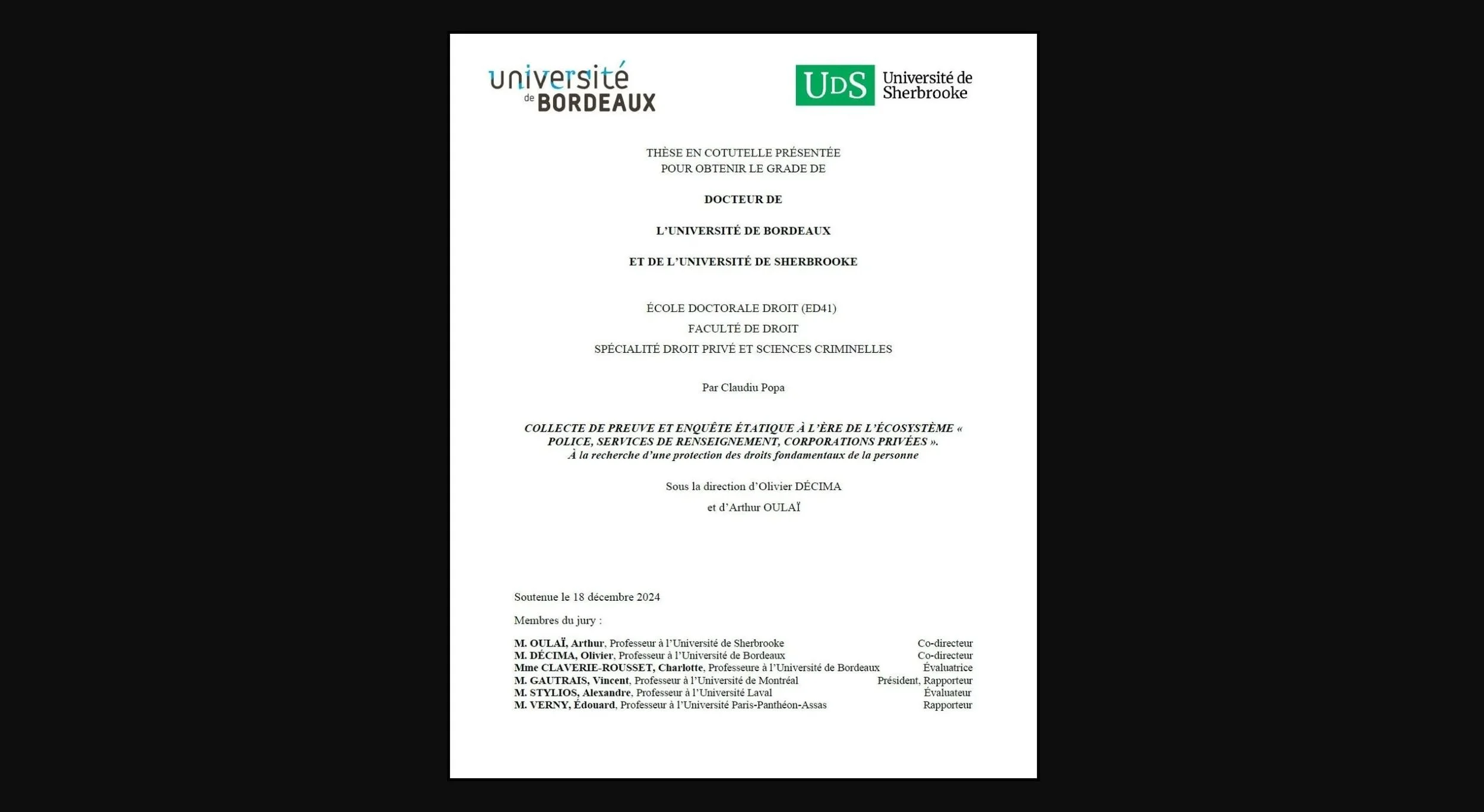 Présentation du résumé de ma thèse de doctorat en droit