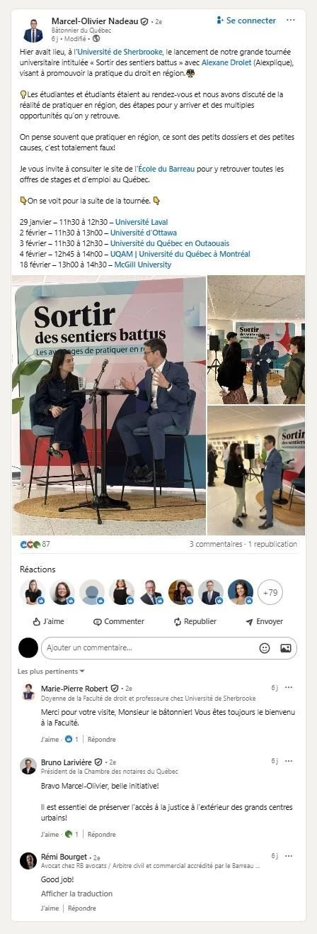 Marcel-Olivier Nadeau avocat Cain Lamarre bâtonnier Barreau du Québec Faculté de droit Université de Sherbrooke Grande tournée universitaire