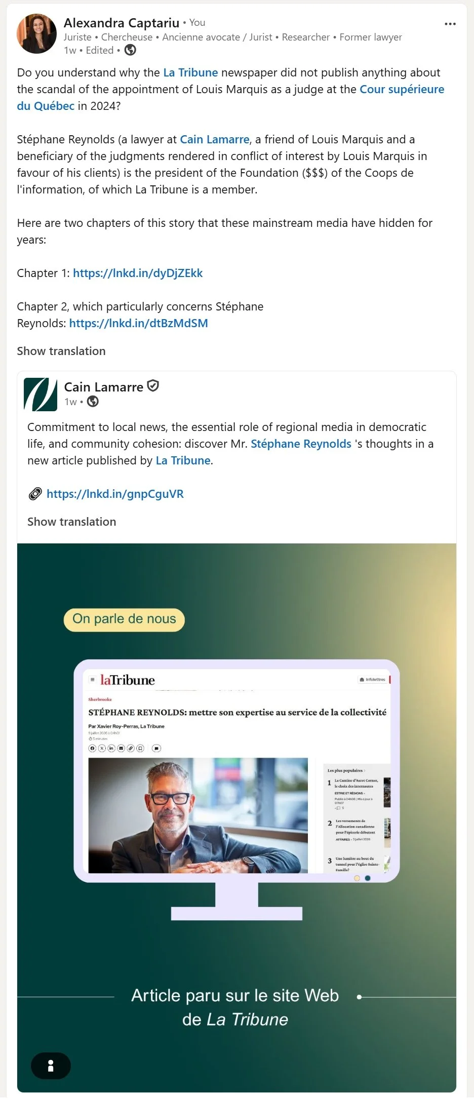 Alexandra Captariu, Stéphane Reynolds, Cain Lamarre, La Tribune, Les Coops de l'information