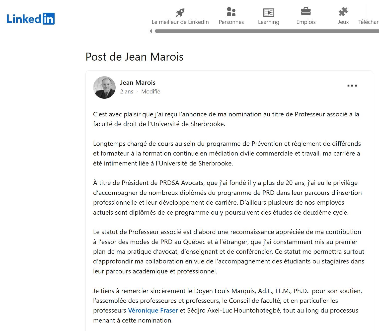 Jean Marois PRDSA Louis Marquis Faculté de droit Université de Sherbrooke