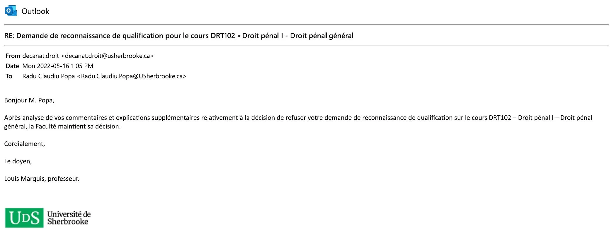 DRT102 Droit pénal Louis Marquis juge Cour supérieure du Québec doyen Faculté de droit Université de Sherbrooke PRD