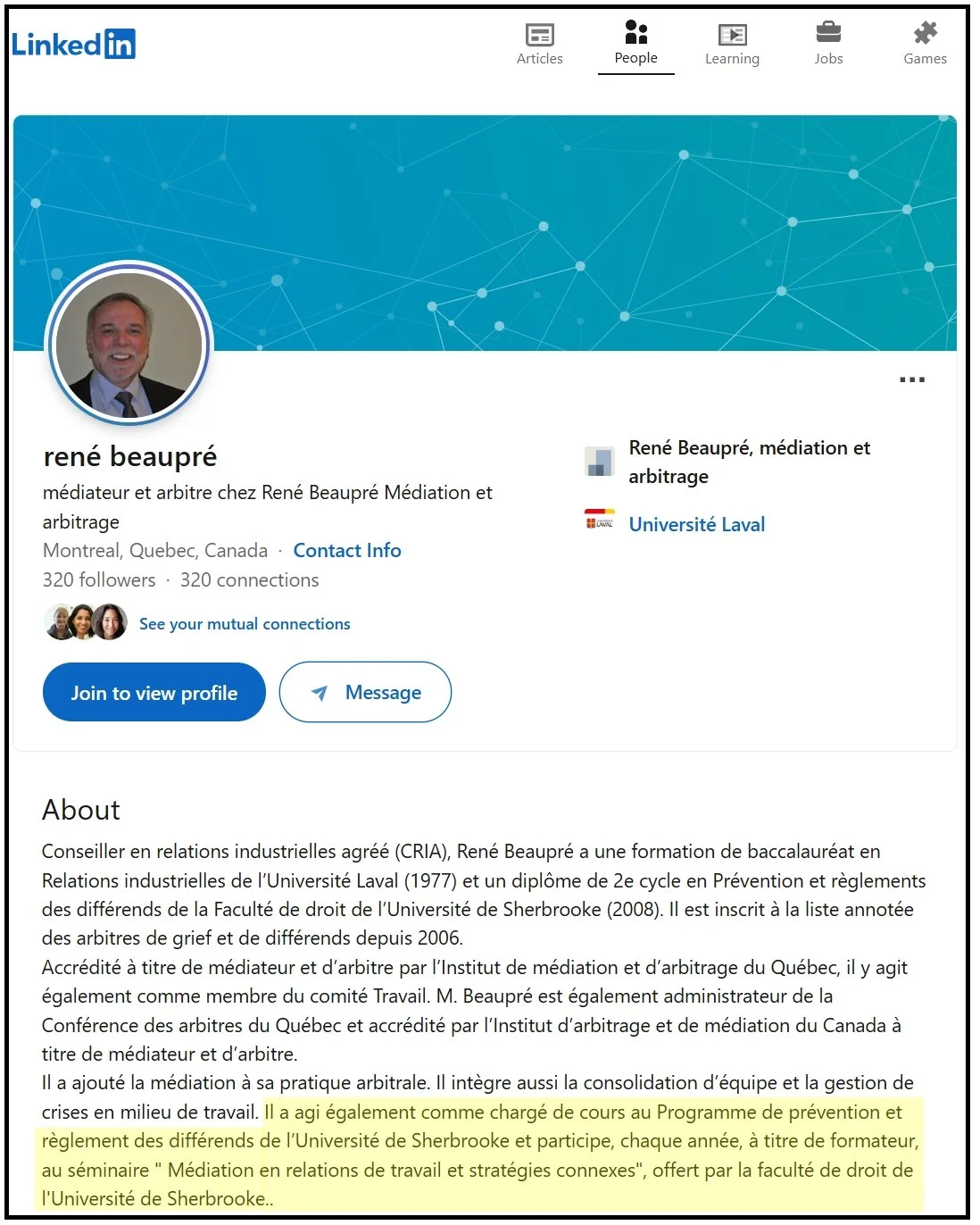 René Beaupré LinkedIn arbitre Conférence des arbitres IMAQ Faculté de droit Université de Sherbrooke Louis Marquis