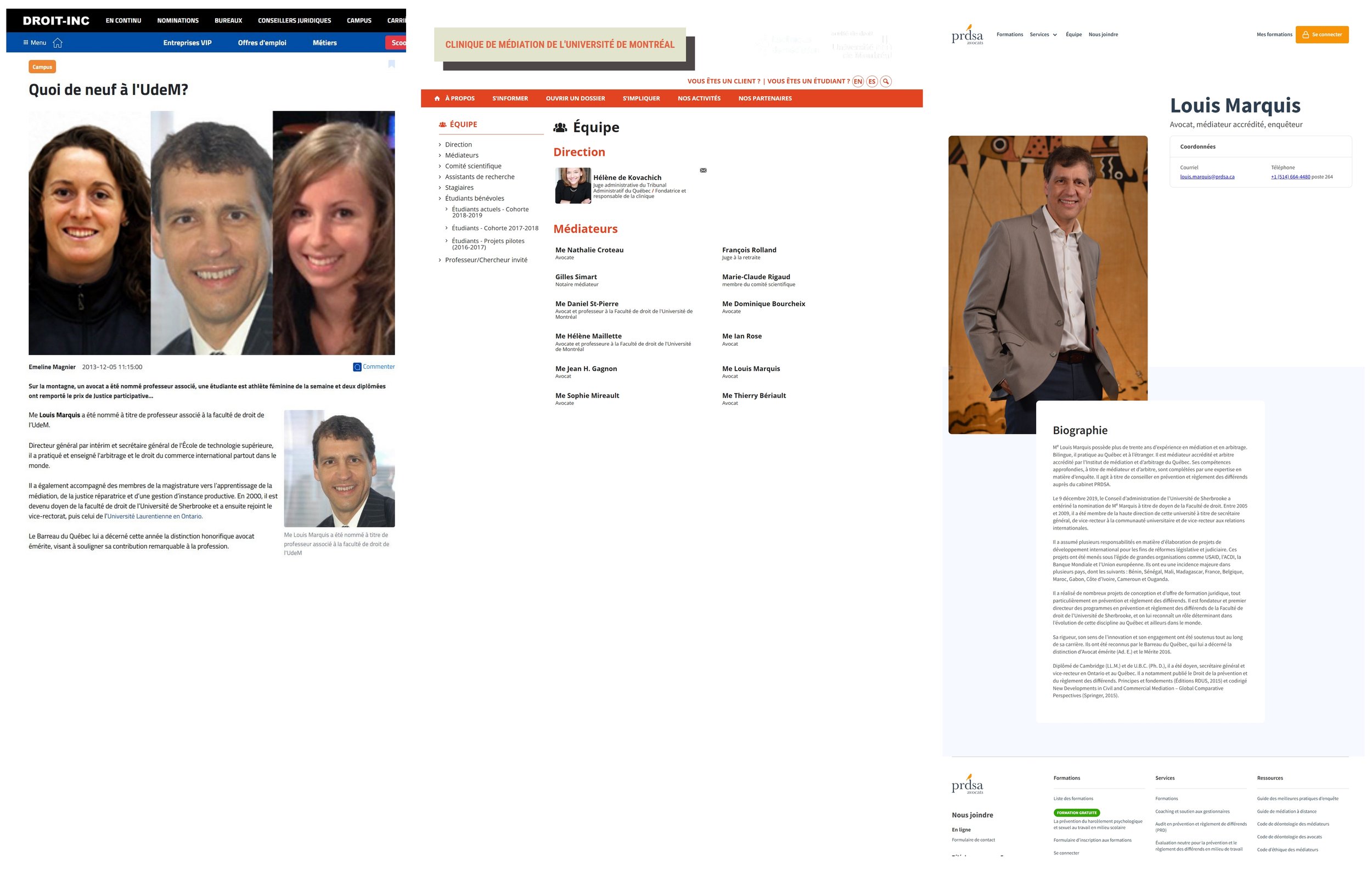 Louis Marquis juge Cour supérieure du Québec Faculté de droit Université de Sherbrooke Université de Montréal PRDSA Clinique de médiation