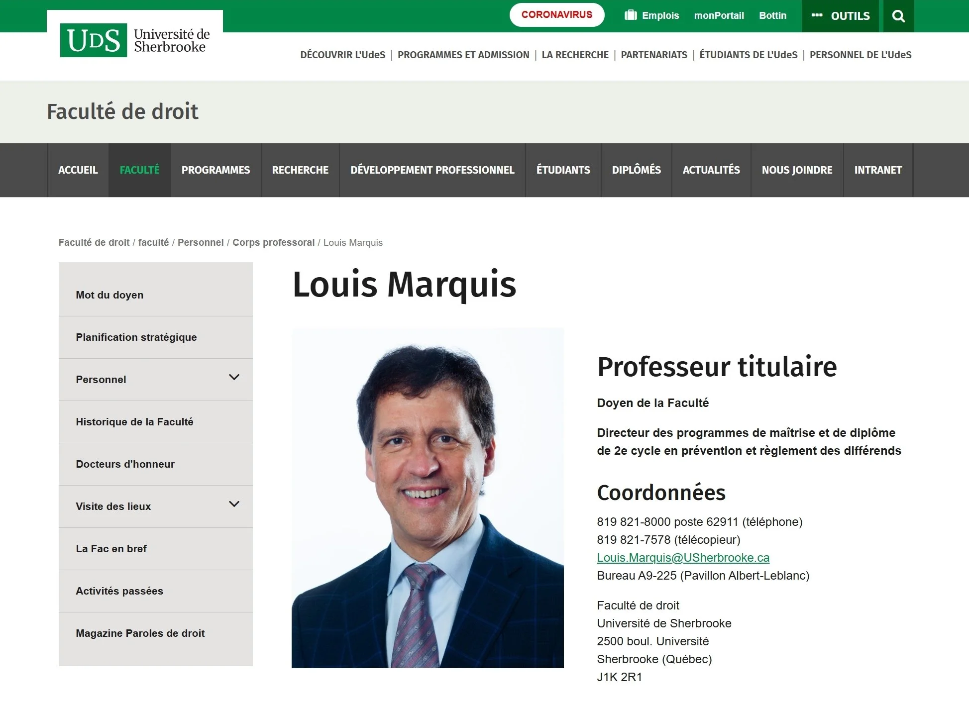 Louis Marquis doyen directeur prévention et règlement des différends Université de Sherbrooke Faculté de droit juge Cour supérieure du Québec
