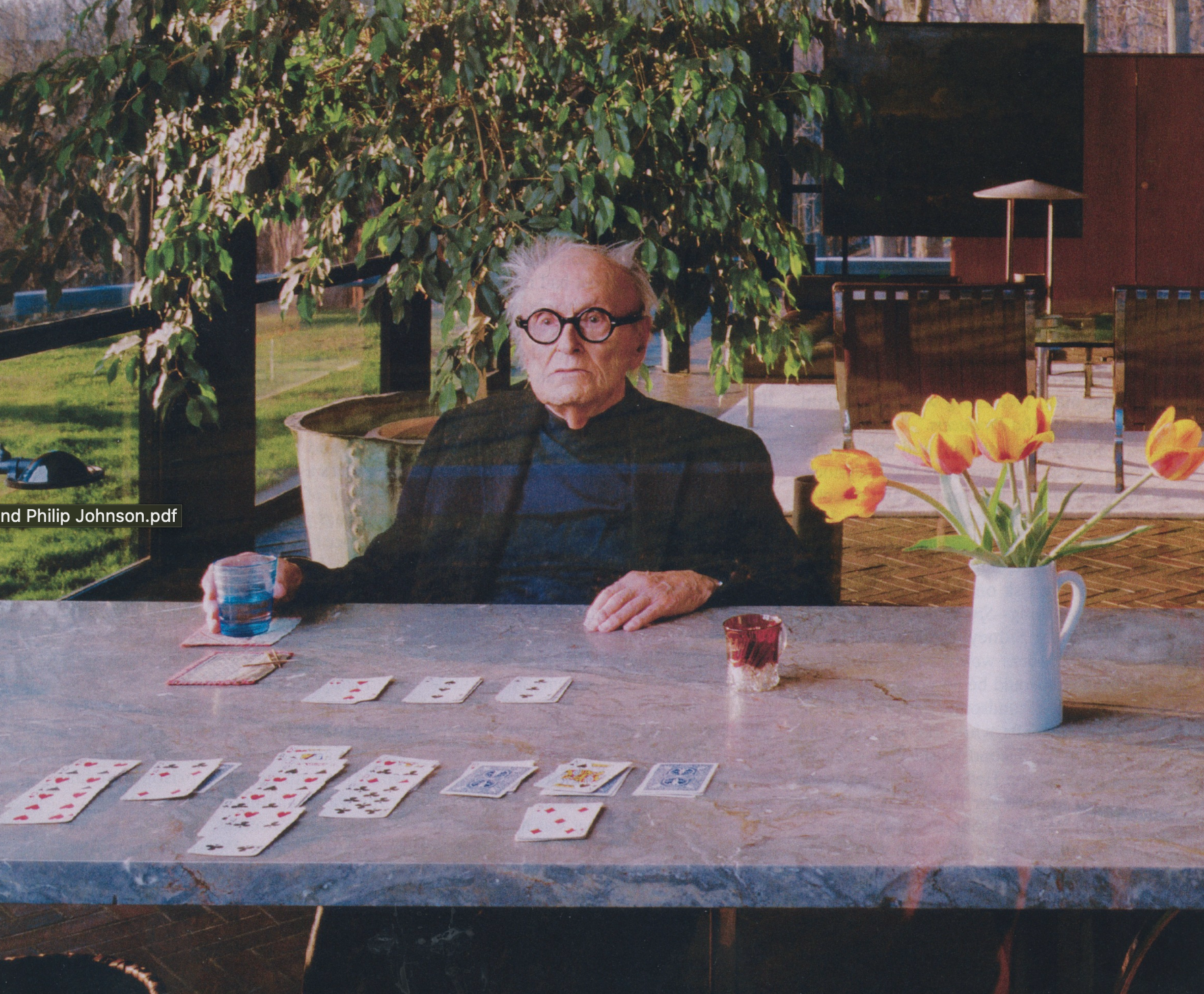 An elderly man with white hair, glasses, and a serious expression seated at a table playing solitaire with a deck of cards. There is a vase with yellow and pink tulips on the table, alongside a glass of water and a small bowl. The background features an outdoor patio with seating, a large potted plant, and a green lawn.