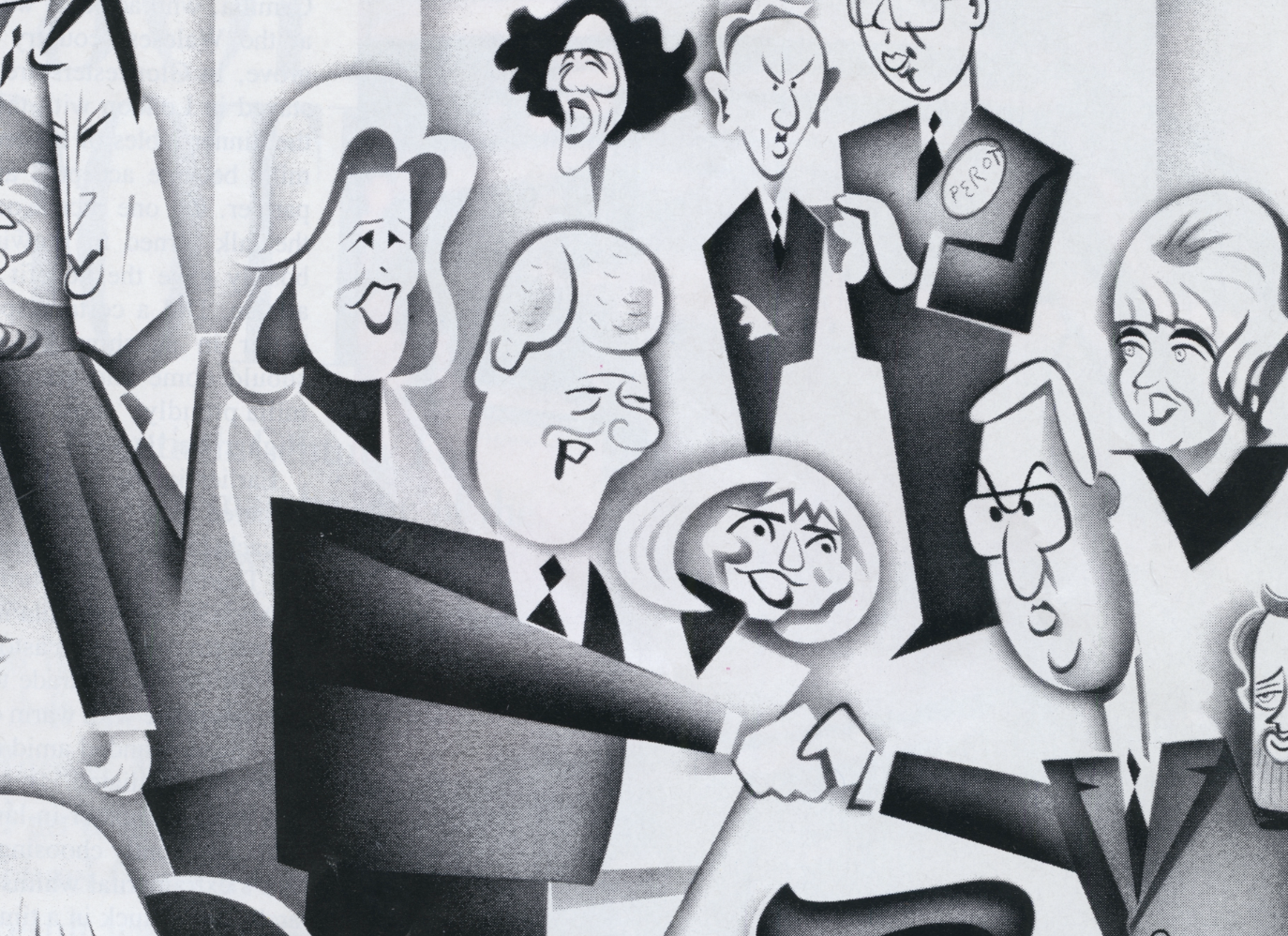 Illustration of various people in formal attire, engaging in handshakes and conversations, some with exaggerated facial features, in a humorous caricature style.