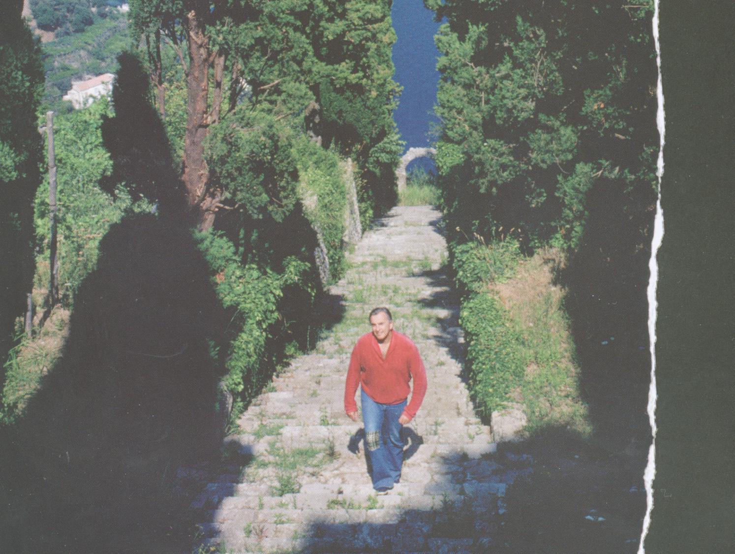 A man walking up a stone pathway surrounded by lush green trees and bushes, with a stone bridge and a body of water in the background.