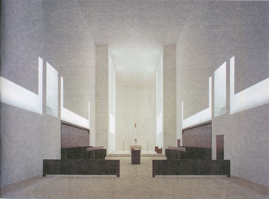 Interior view of a modern church sanctuary with a minimalist design, featuring high ceilings, tall windows, pews on both sides, and an altar at the front.