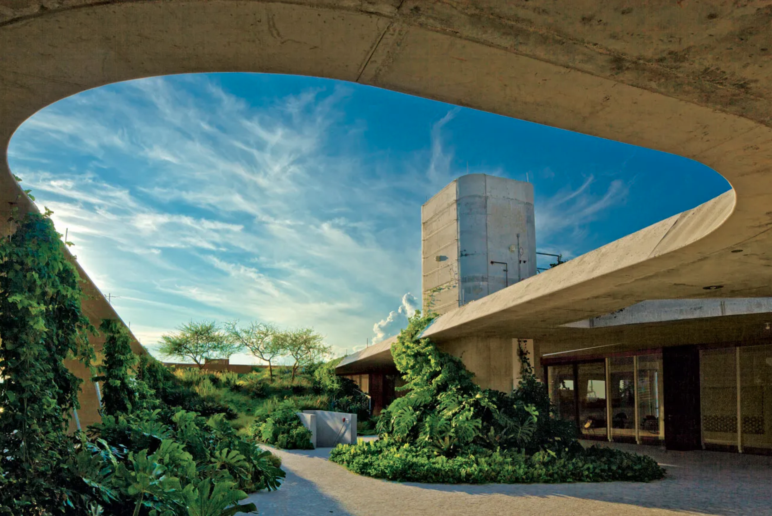 View of a modern building with a curved concrete roof opening, surrounded by greenery and trees, under a blue sky with wispy clouds.