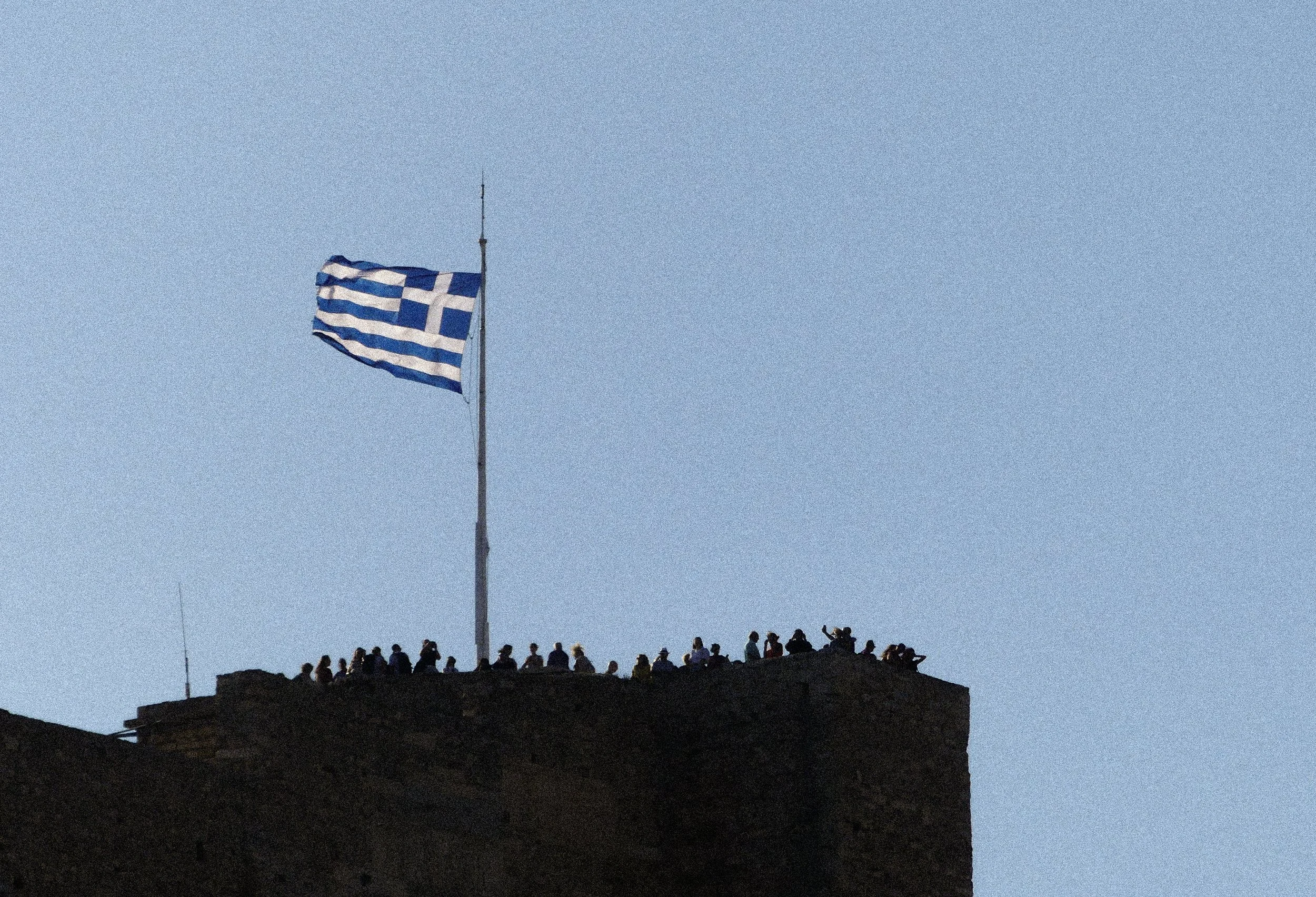 Greek flag on lookout, Athens Greece