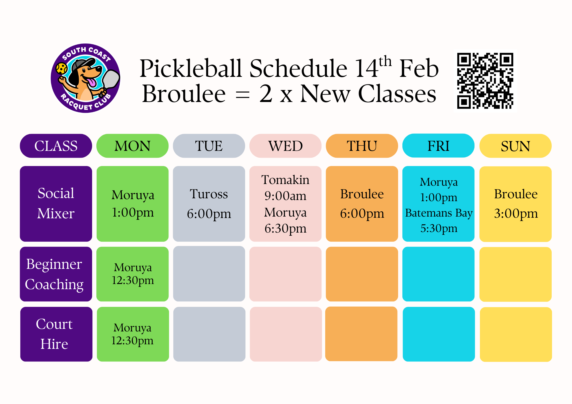 Schedule for South Coast Racquet Club pickleball classes showing class types, times, and locations for Monday through Sunday, including social mixer, beginner coaching, and court hire, with a QR code.