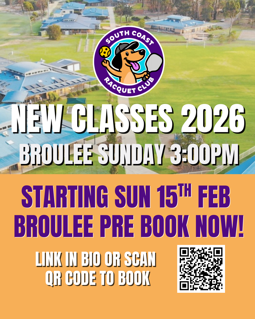 Flyer for South Coast Racquet Club announcing new classes in 2026, starting Sunday, February 15th at 3:00 PM, with a QR code for booking.