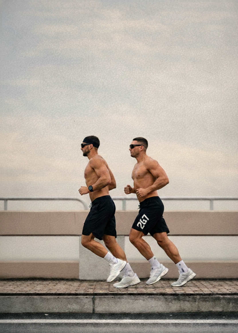 Deux hommes musclés et nus, portant des lunettes de soleil, courent côte à côte sur un trottoir urbain, avec un ciel nuageux en arrière-plan.