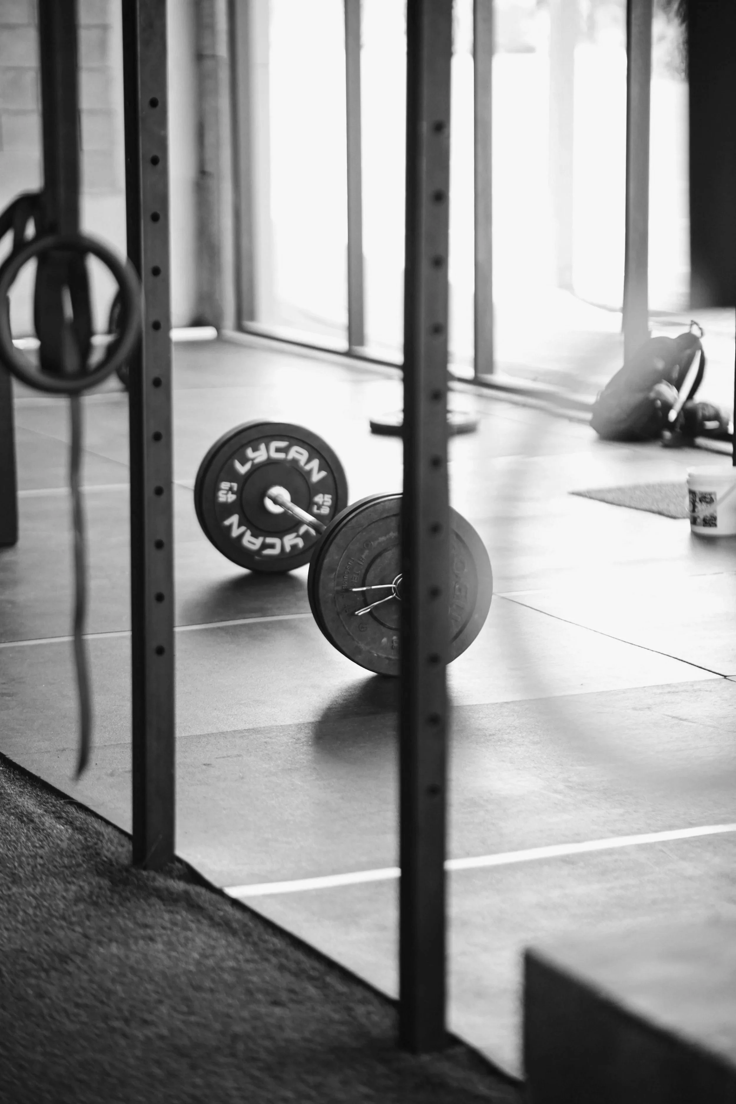 Poids de musculation et équipement d'entraînement dans une salle de sport, vue en noir et blanc.