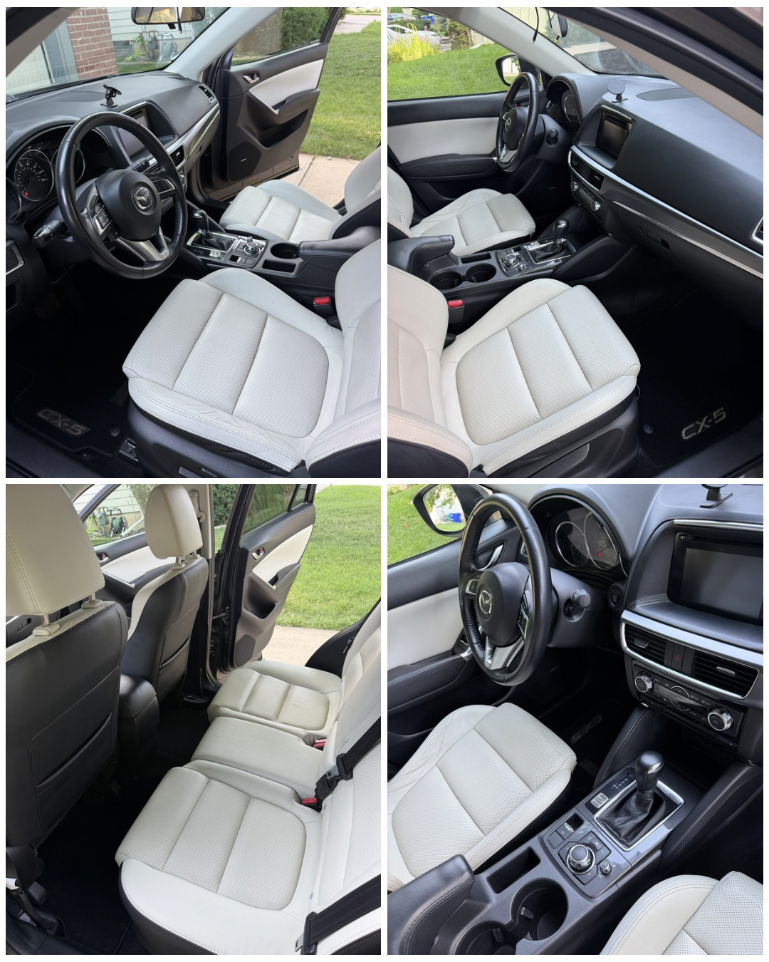 Interior of a Mazda CX-5 with beige seats and black dashboard, showing front driver and passenger seats, rear seats, and dashboard controls.