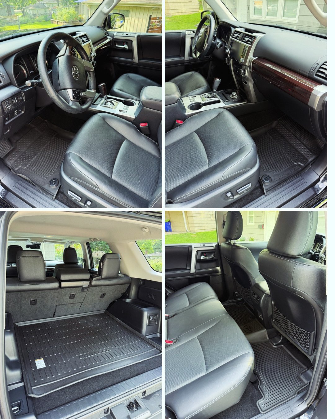 Interior shots of a black Toyota SUV showing the front driver and passenger seats, rear seats, and cargo area with a rubber mat.