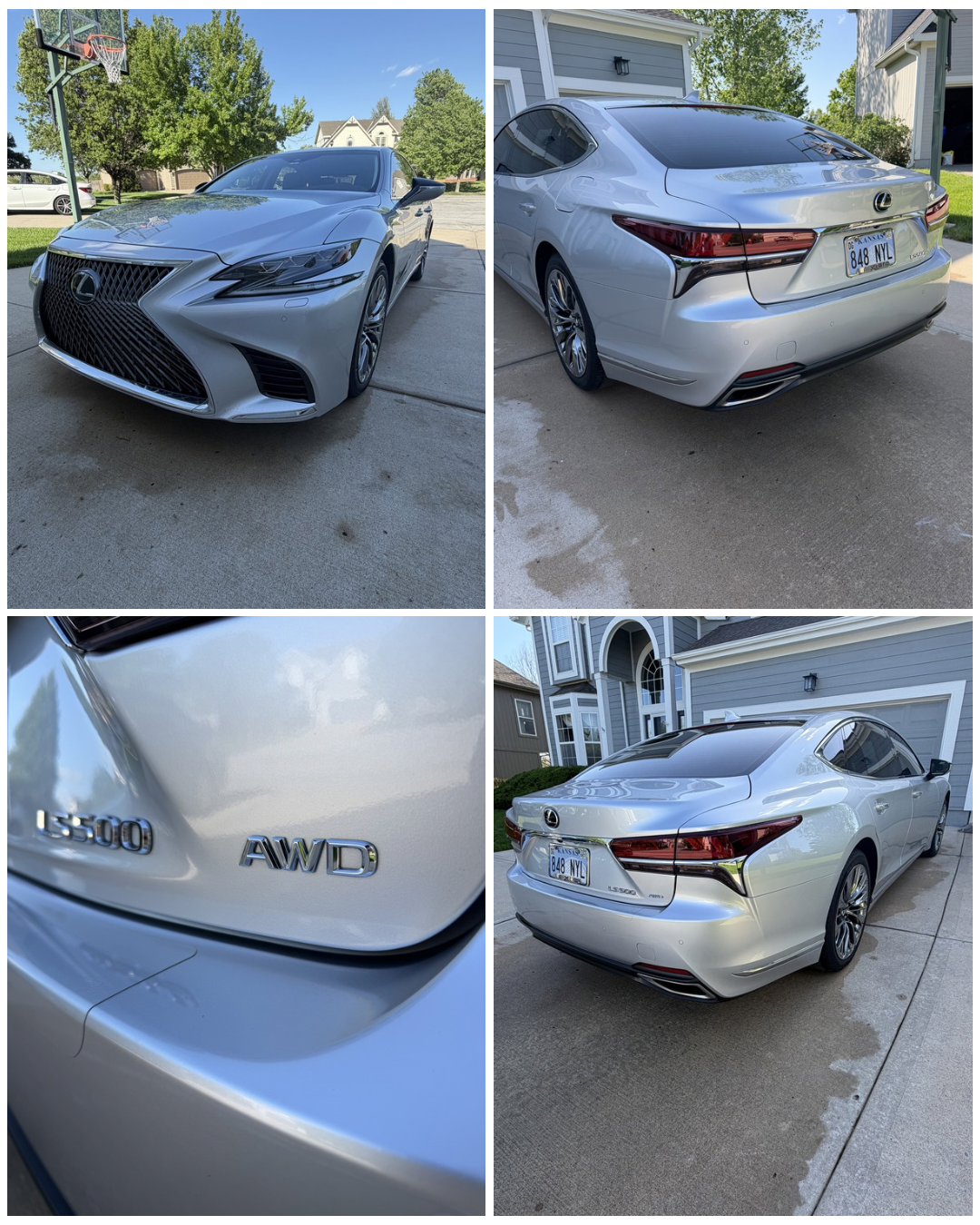 Silver Lexus IS 500 F Sport with AWD parked on driveway in a suburban neighborhood. The front view shows the distinctive grille and headlight design. The rear view features the Lexus badge and badge indicating AWD and 1500. The vehicle is in a reside