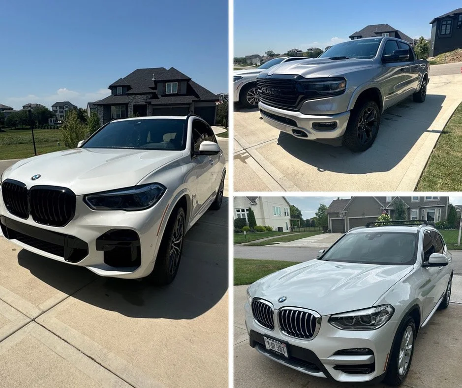 Photo collage of three vehicles: a white BMW SUV parked in a driveway, a gray pickup truck parked on a driveway, and another white BMW SUV parked in a neighborhood.