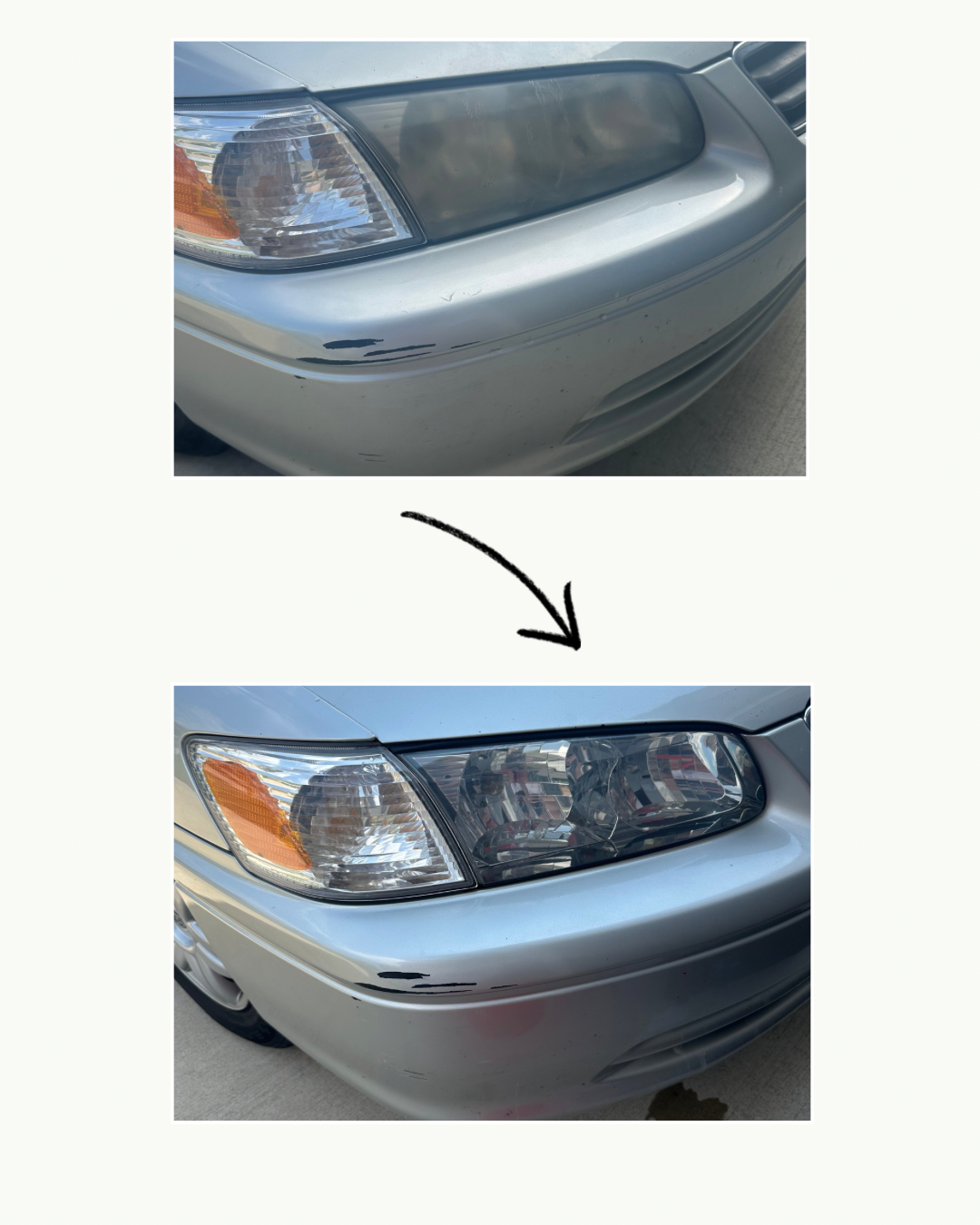 Before and after images of a car's front bumper with scratches, showing the scratch repair process.