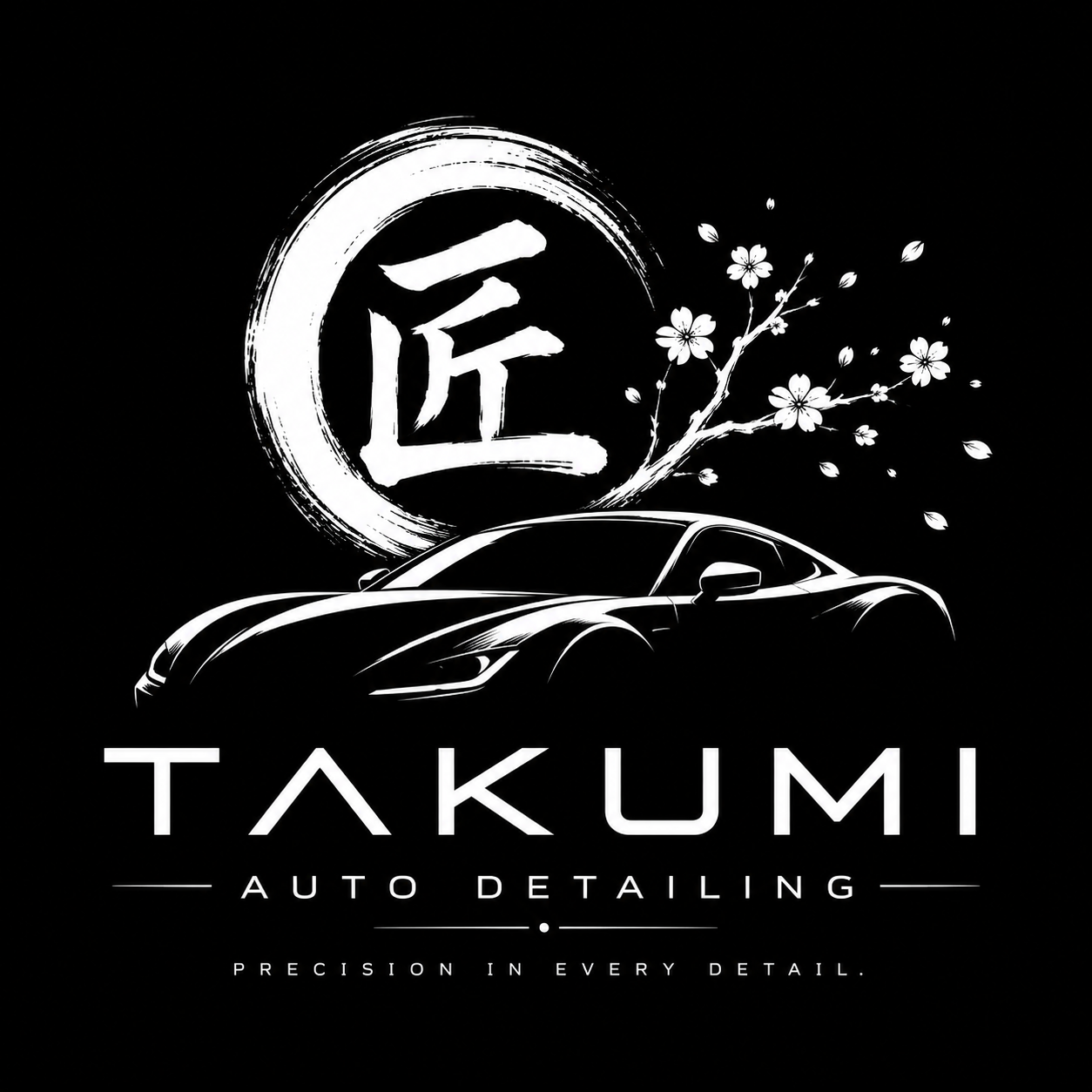 Black and white logo featuring a stylized car, cherry blossom branch, Japanese character inside a circular brushstroke, and text that reads "Takumi Auto Detailing" with a tagline "Precision in Every Detail."