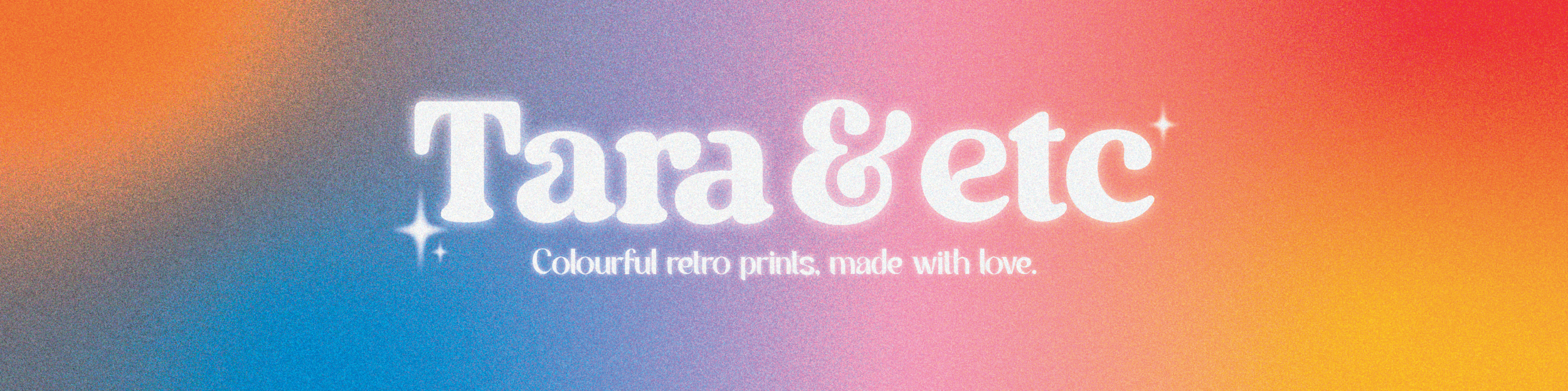 Colorful retro printers company logo with the text 'Tara & Let' and the slogan 'Colourful retro prints, made with love' on a gradient background