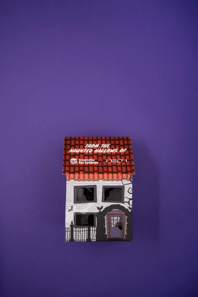 A miniature cardboard haunted house model with broken windows, a crooked door, and spooky painted vines, set against a purple background.