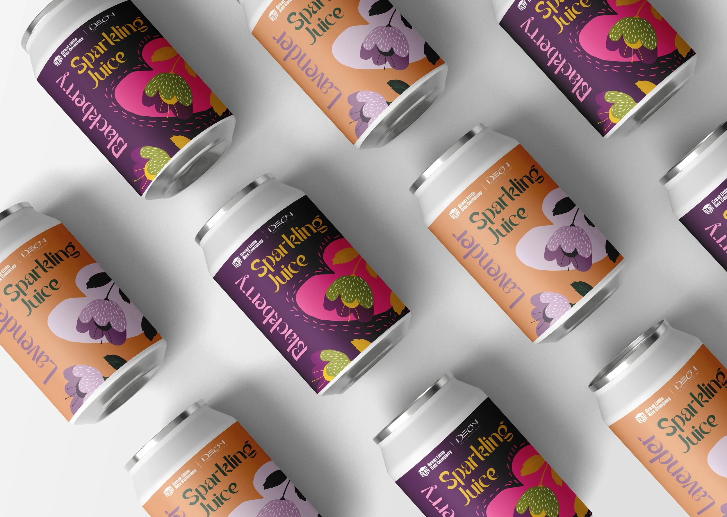 Multiple cans of sparkling juice with colorful labels featuring abstract floral and fruit designs arranged on a gray background.