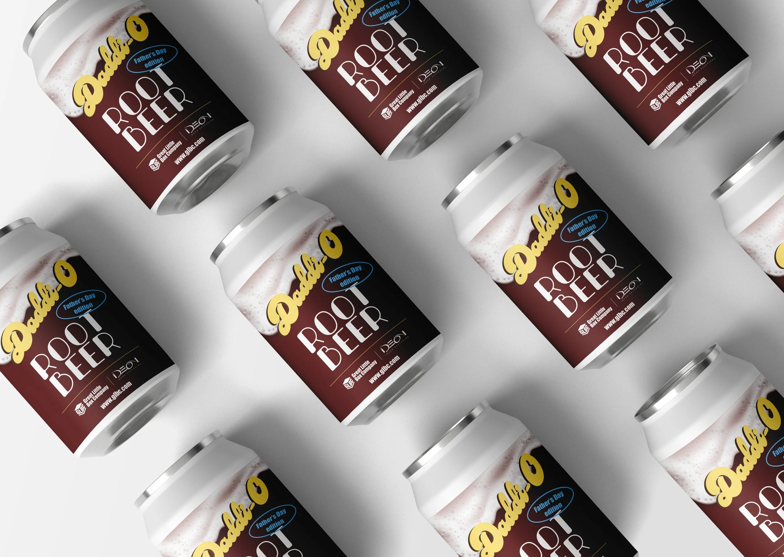 Multiple cans of root beer arranged diagonally on a light gray background, labeled as Dad's Root Beer Father's Day edition.