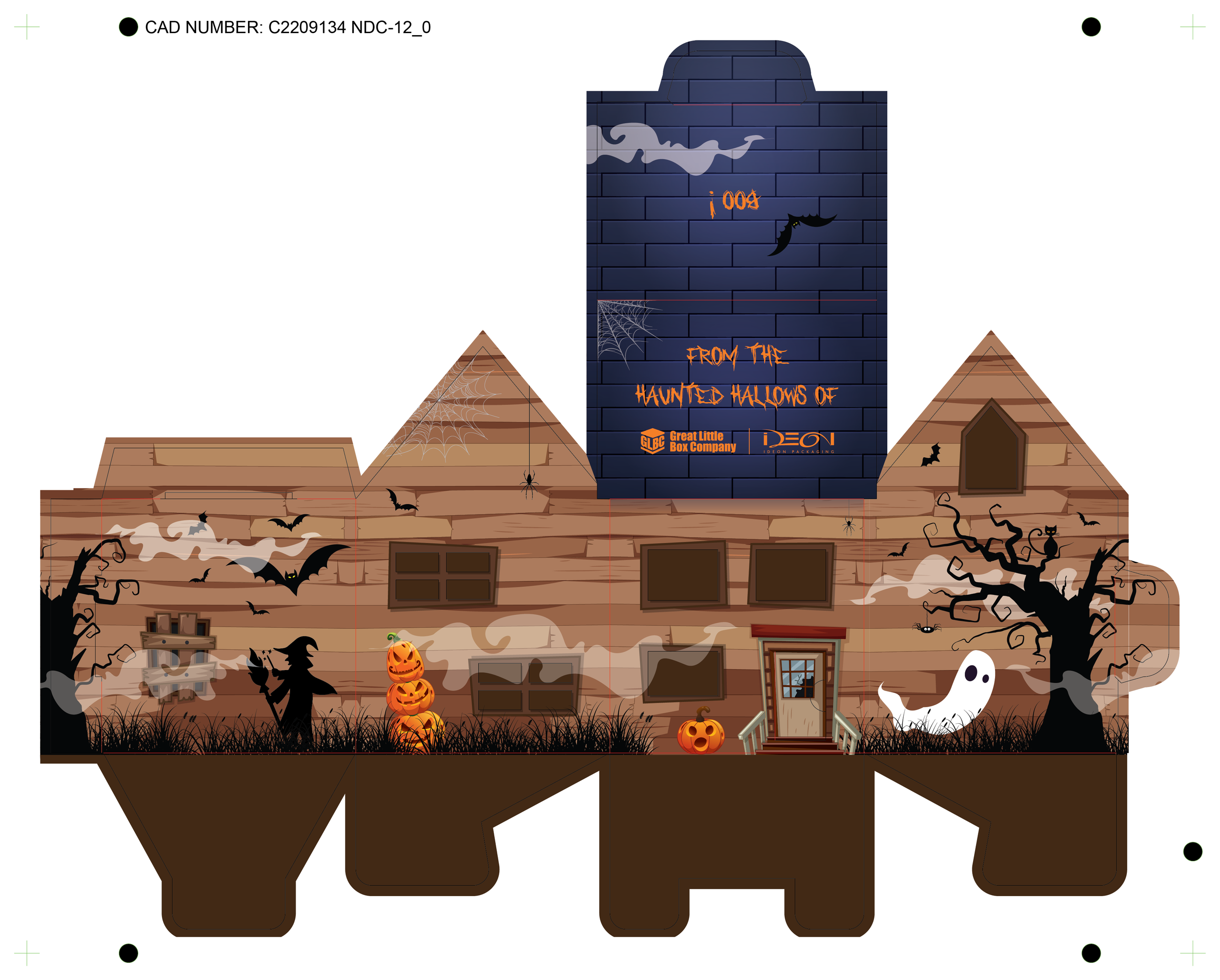 A Halloween-themed haunted house decoration with a brick facade, bats, ghosts, pumpkins, and spooky trees, designed for outdoor display.