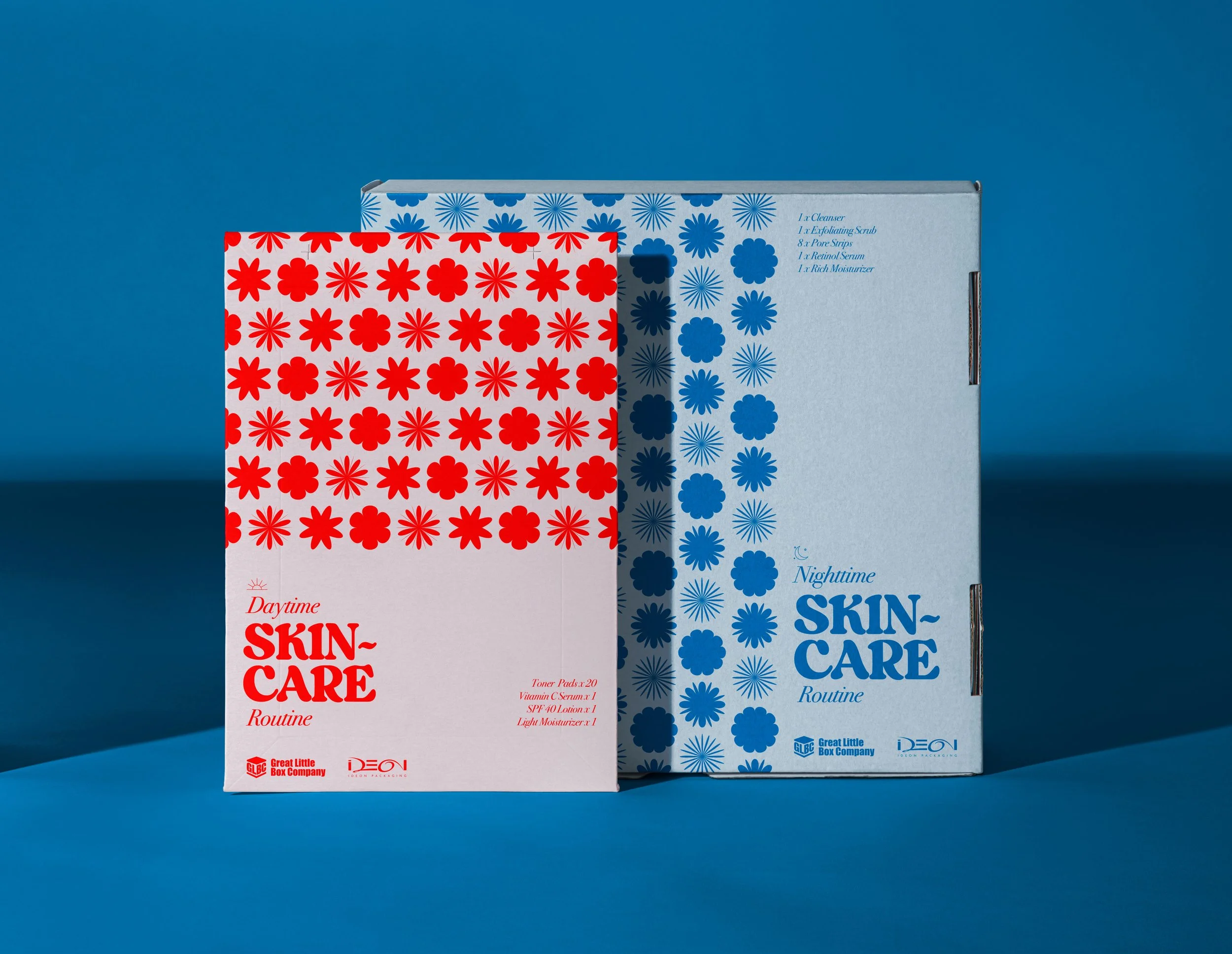 Two skincare product boxes with floral patterns, one red and one blue, labeled 'Daytime SKIN CARE Routine' and 'Nighttime SKIN CARE Routine' respectively, against a blue background.