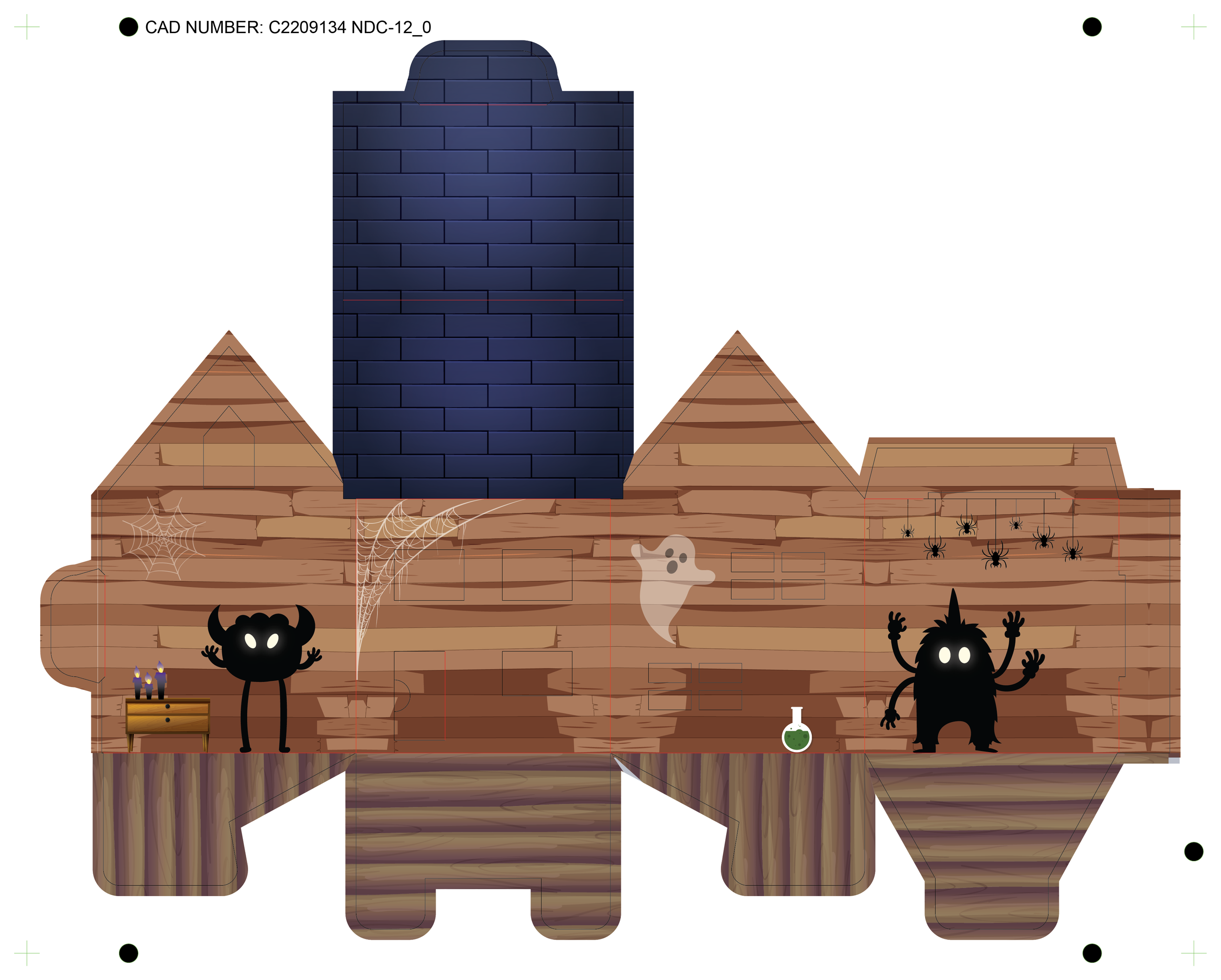 A Halloween-themed paper craft house with a dark blue brick chimney, spider webs with spiders, two cartoon monsters, a ghost, and potion bottles.